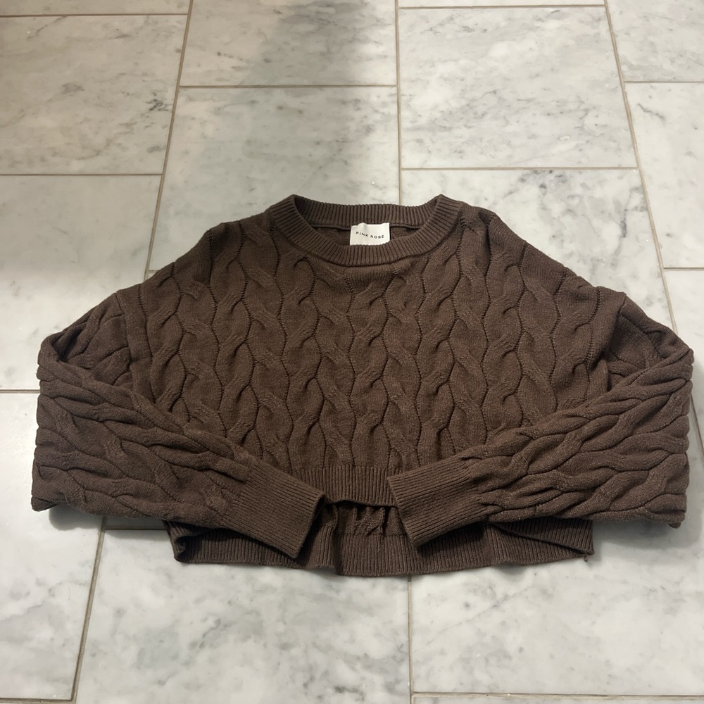 Pink Rose Chocolate Cable Knit Sweater. Like new only worn a few times